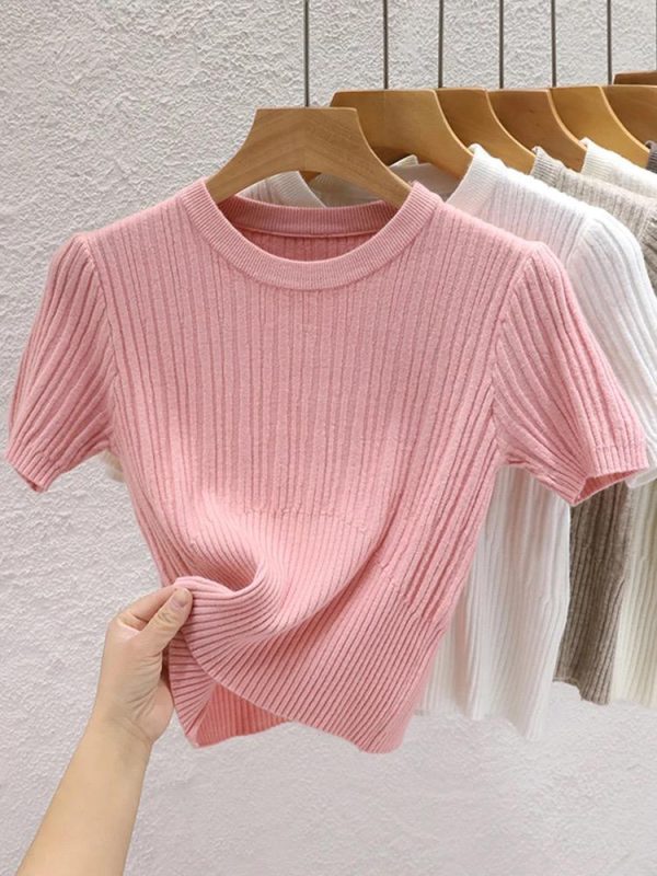 2024 Summer T shirts for Women Casual Female Korean Knit Streetwear Tees Basic Solid Young Cool Tops - Image 2