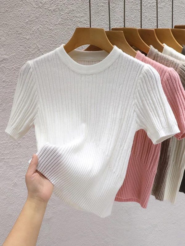 2024 Summer T shirts for Women Casual Female Korean Knit Streetwear Tees Basic Solid Young Cool Tops - Image 3